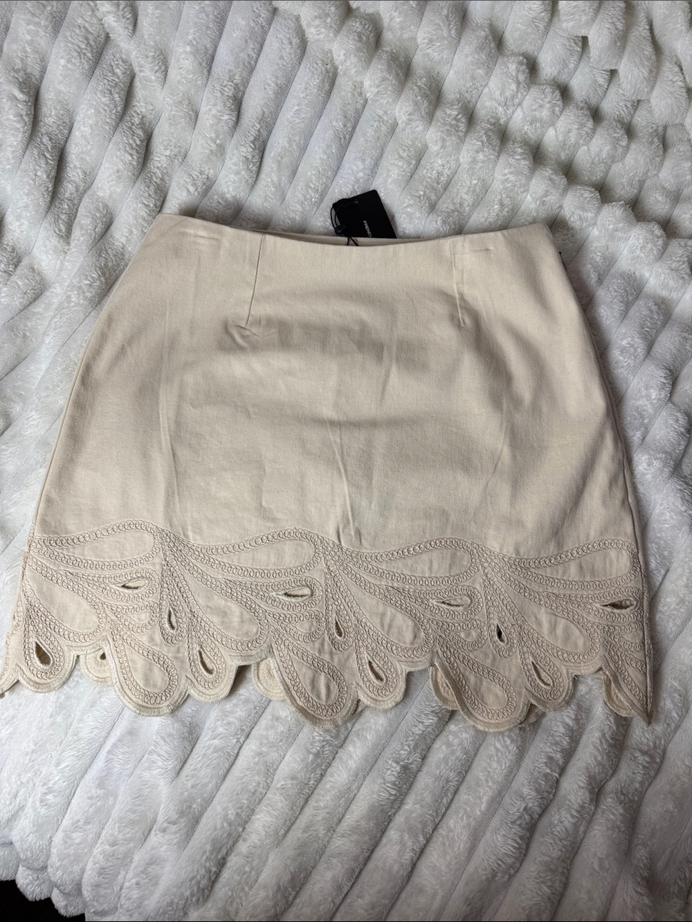 French Connection Cream Mini Skirt with Scalloped Lace Hem